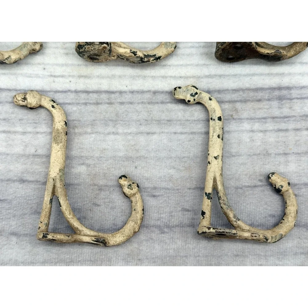LOT OF 5 ANTIQUE SALVAGED CAST IRON DOUBLE COAT / HAT HOOKS